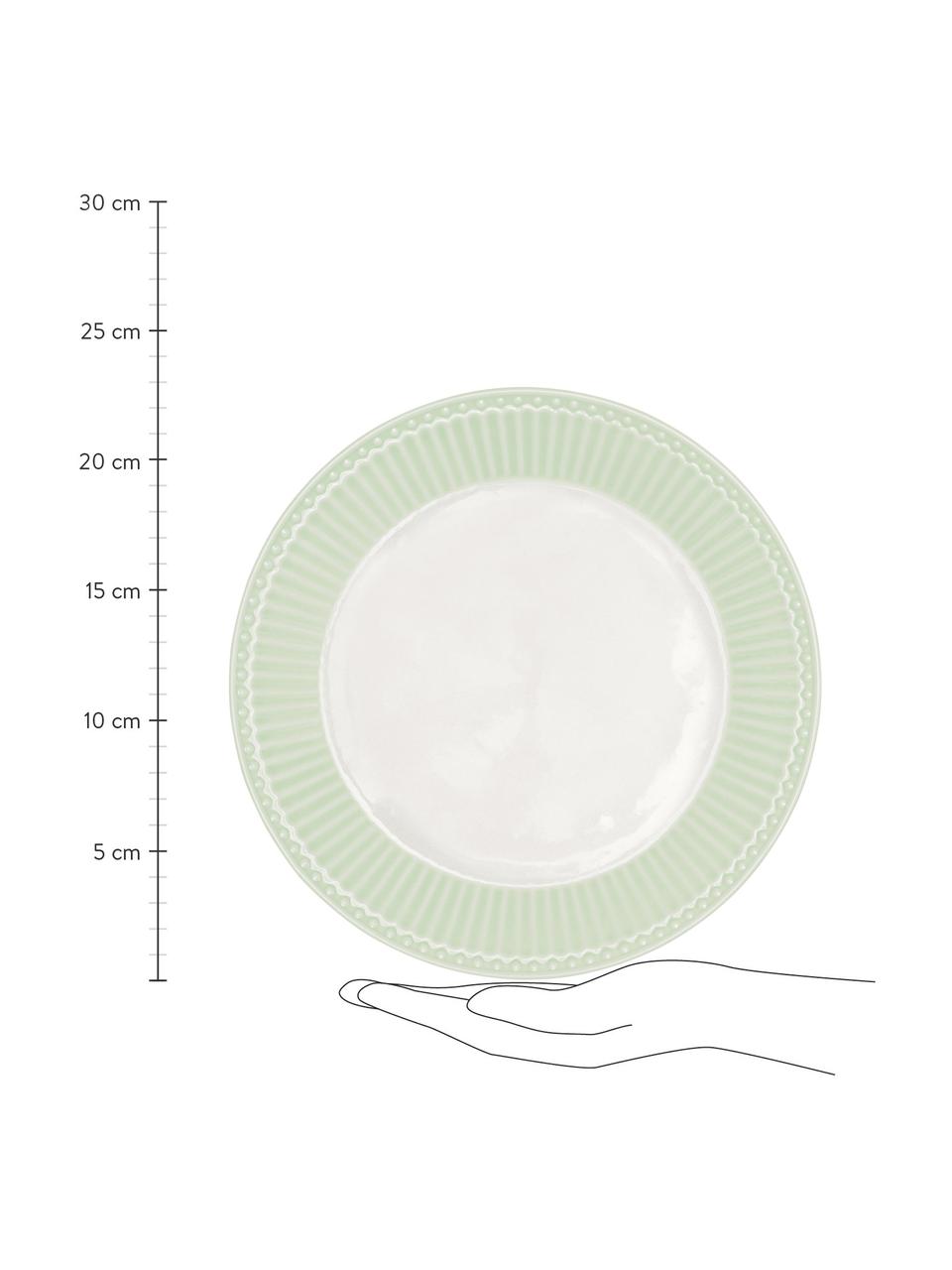 Handgemachte Frühstücksteller Alice in Pastellgrün mit Reliefdesign, 2 Stück, Steingut, Mintgrün, Weiß, Ø 23 cm