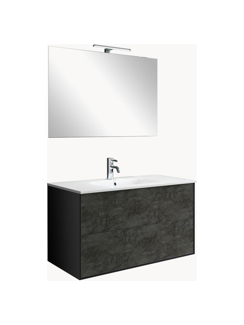 Set lavabo Ago, 4 pzas., Lámpara: acero recubierto, Espejo: vidrio, Parte trasera: plástico ABS, Negro, gris antracita, An 61 x Al 190 cm