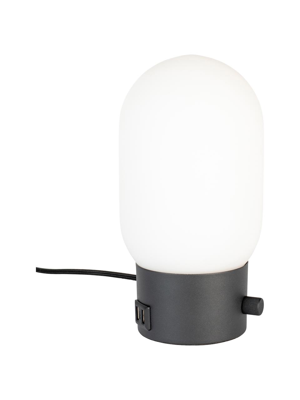 Kleine Dimmbare Nachttischlampe Urban mit USB-Anschluss, Lampenschirm: Opalglas, Lampenfuß: Metall, beschichtet, Weiß, Schwarz, Ø 13 x H 25 cm