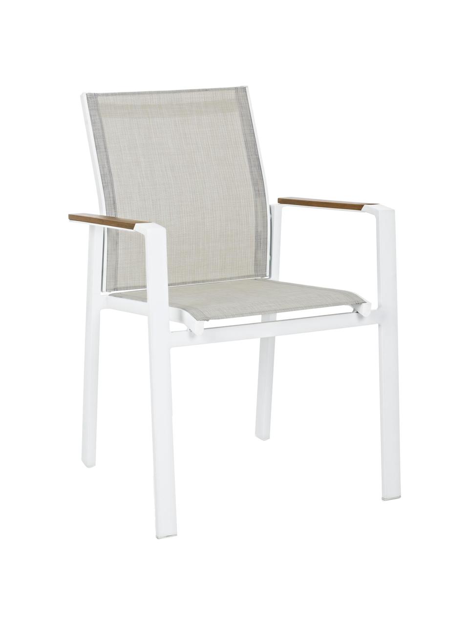 Krzesło ogrodowe z podłokietnikami Kubik, Stelaż: aluminium malowane proszk, Biały, greige, drewno naturalne, S 57 x G 62 cm