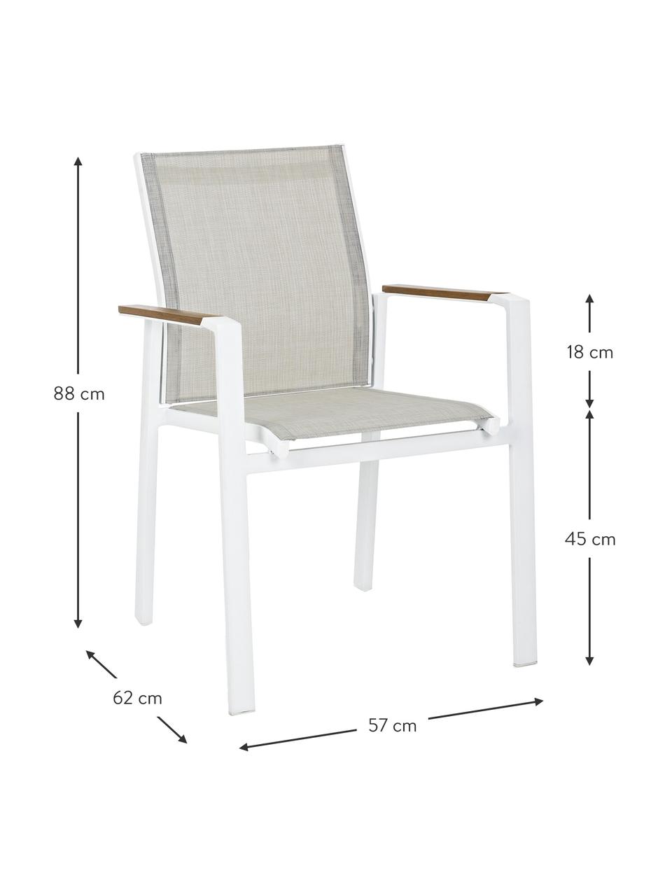 Krzesło ogrodowe z podłokietnikami Kubik, Stelaż: aluminium malowane proszk, Biały, greige, drewno naturalne, S 57 x G 62 cm