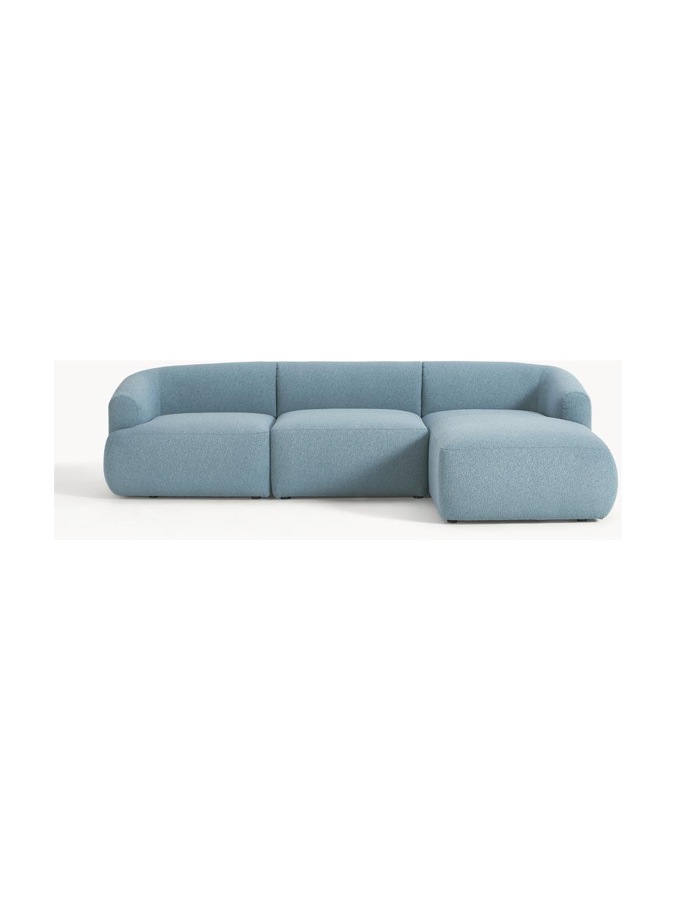 Narożna sofa modułowa bouclé Sofia (3-osobowa), Tapicerka: bouclé (100% poliester) D, Stelaż: drewno świerkowe z certyf, Nogi: tworzywo sztuczne, Niebieski bouclé, S 272 x G 160 cm, prawostronna