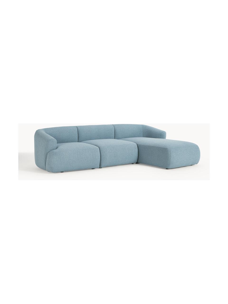 Narożna sofa modułowa bouclé Sofia (3-osobowa), Tapicerka: bouclé (100% poliester) D, Stelaż: drewno świerkowe z certyf, Nogi: tworzywo sztuczne, Niebieski bouclé, S 272 x G 160 cm, prawostronna