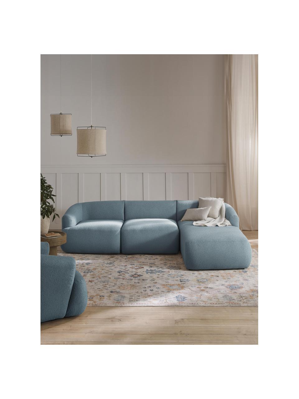 Canapé d'angle modulable 3 places en tissu bouclé Sofia, Bouclé bleu, larg. 272 x prof. 160 cm, méridienne à droite