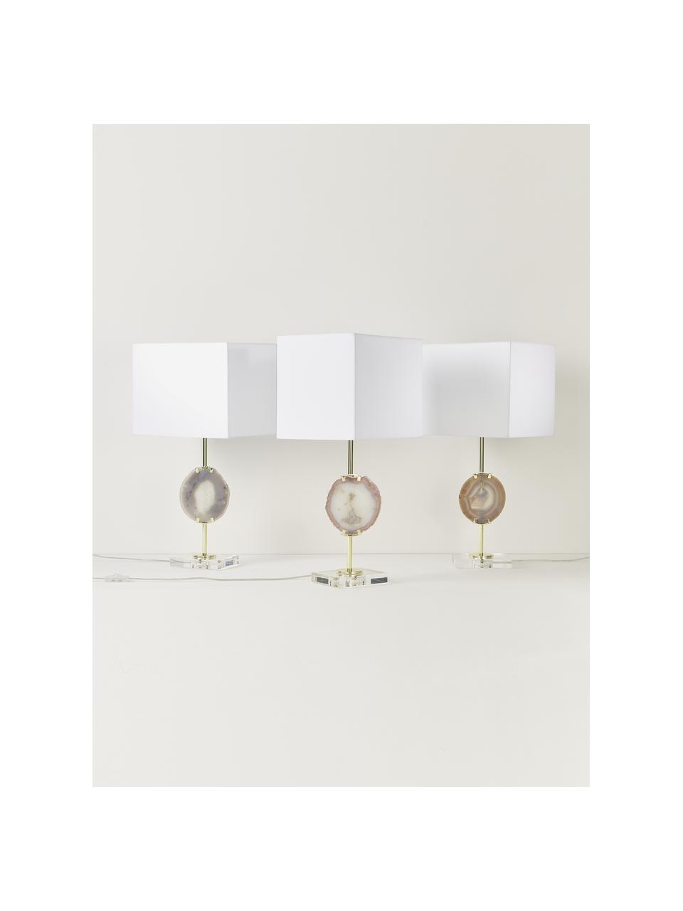 Lampada da tavolo con decorazione in agata Treasure, Paralume: miscela di cotone, Base della lampada: acrilico metallo, Trasparente, dorato, agata beige Paralume: bianco, Larg. 33 x Alt. 62 cm