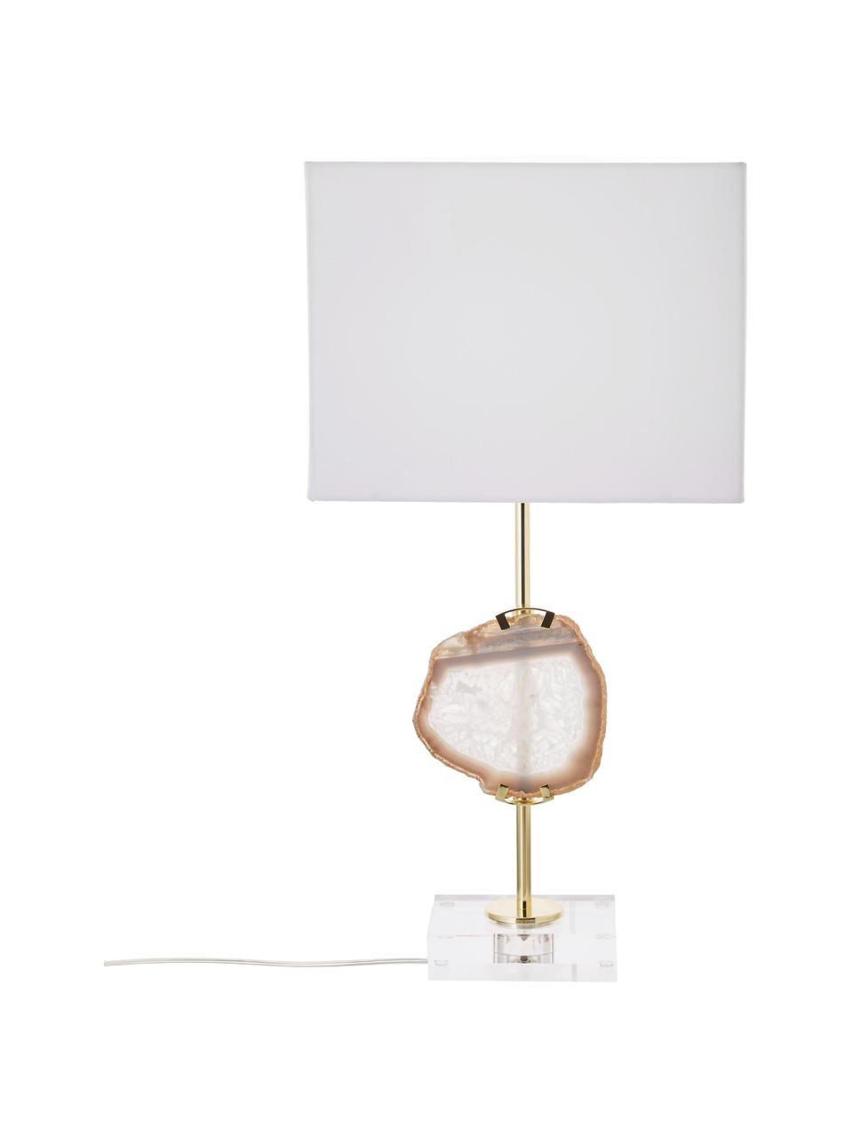 Grote glamoureuze tafellamp Treasure met agaat-decoratie, Lampenkap: katoenmix, Lampvoet: acryl, metaal, Decoratie: agaatsteen, Transparant, goudkleurig, beige agaat. Lampenkap: wit, B 33 x H 62 cm