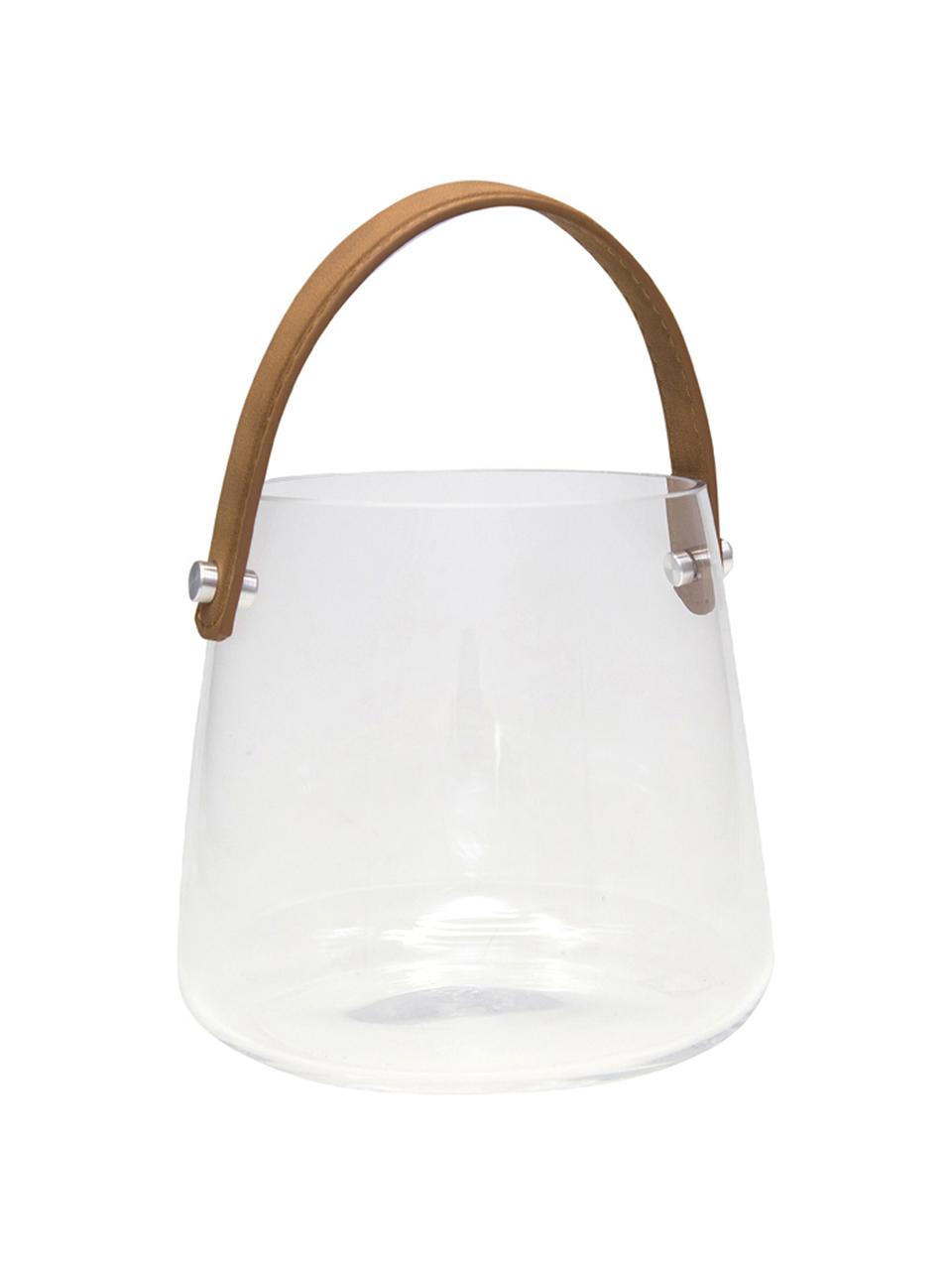 Lanterna Icca, Portacandela: vetro, Manico: similpelle, Marrone trasparente, Ø 16 x Alt. 15 cm