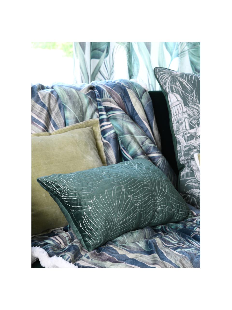 Bestickte Samt-Kissenhülle Panama, 100% Polyestersamt, Grünblau, Weiß, 30 x 50 cm