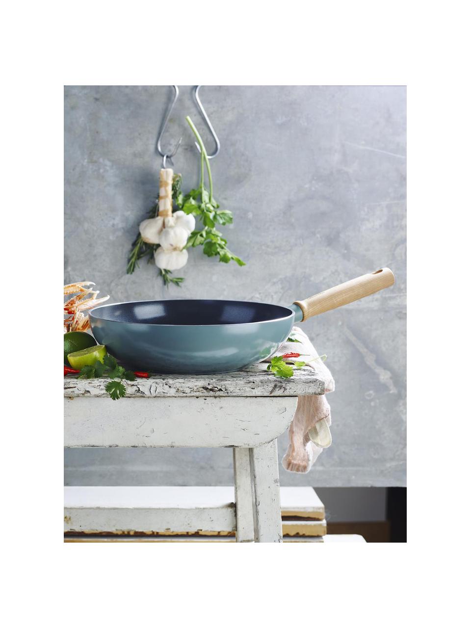 Wok Mayflower mit Antihaftbeschichtung, Griff: Holz, Blau, Ø 28 x H 8 cm