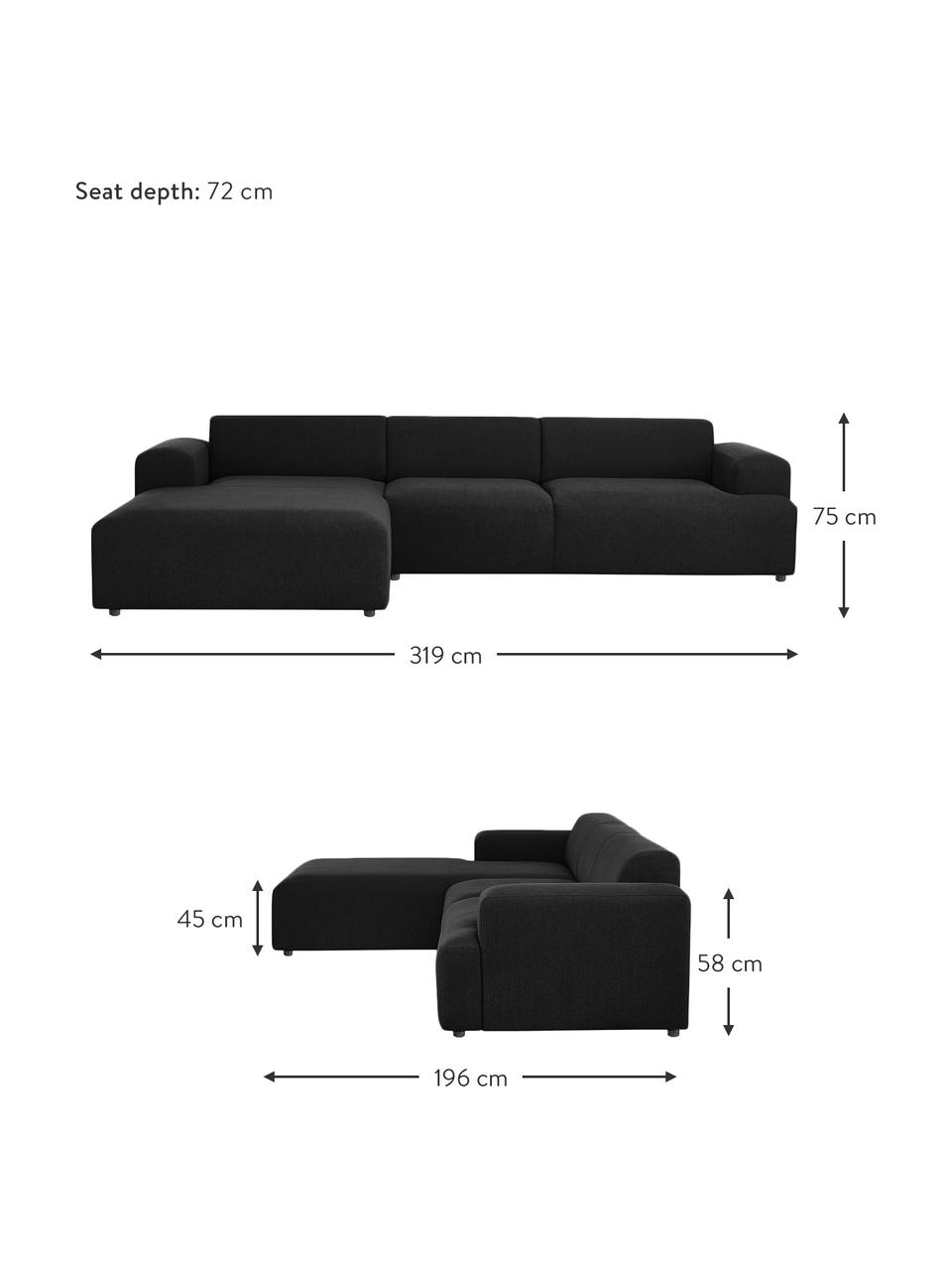 Sofá rinconera Melva (4 plazas), Tapizado: 100% poliéster Alta resis, Estructura: madera de pino maciza, ce, Patas: plástico, Tejido negro, An 319 x F 196 cm, chaise longue izquierda