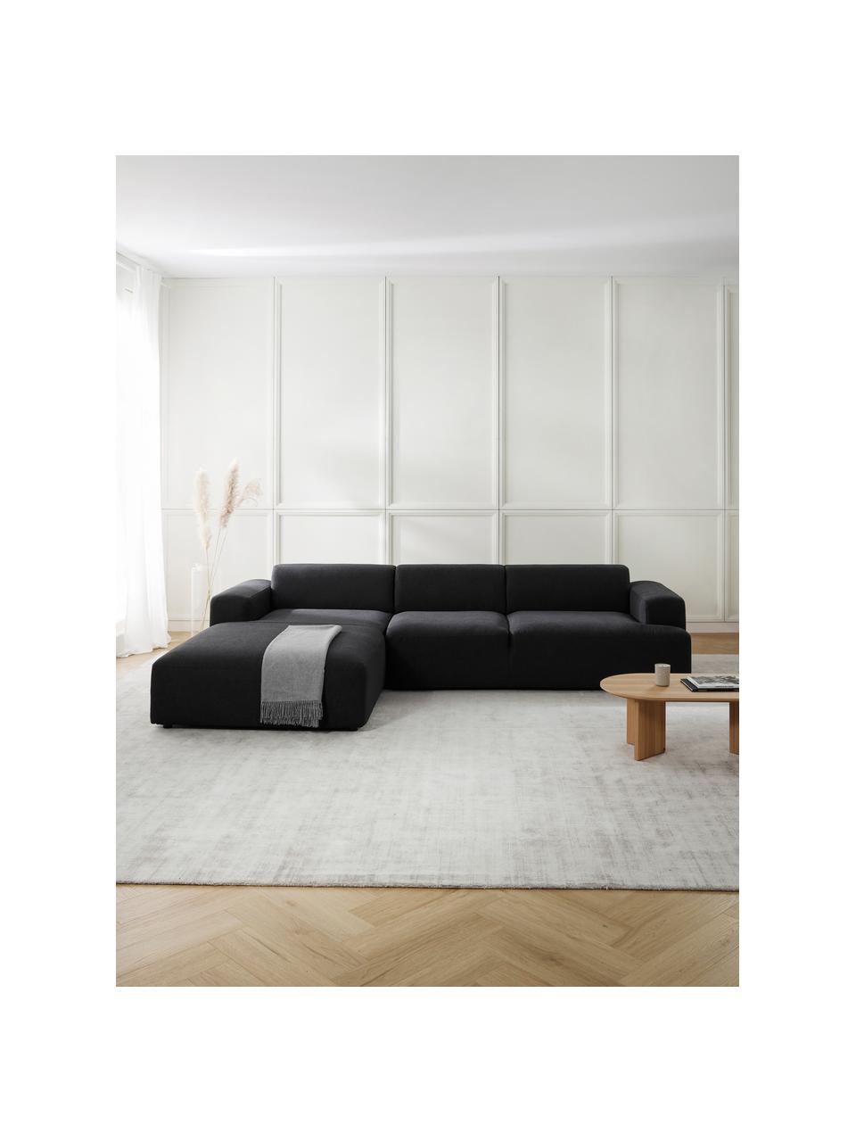 Divano angolare 4 posti Melva, Rivestimento: 100% poliestre Con 55.000, Struttura: pino massiccio, certifica, Tessuto nero, Larg. 319 x Prof. 196 cm, chaise-longue a sinistra