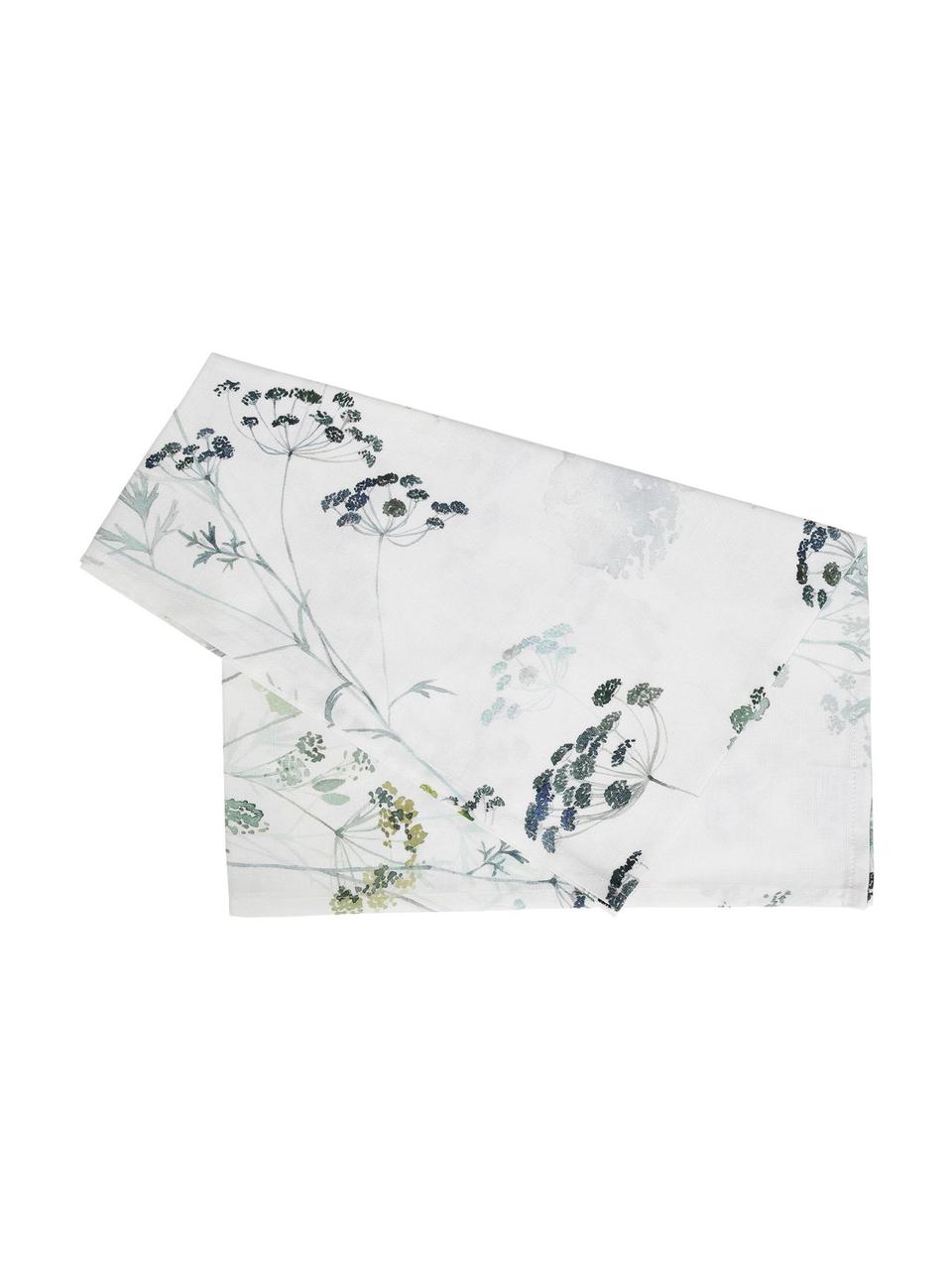 Katoenen tafelloper Herbier met bloemen motief, 100% katoen, Wit, groentinten, B 50 x L 160 cm