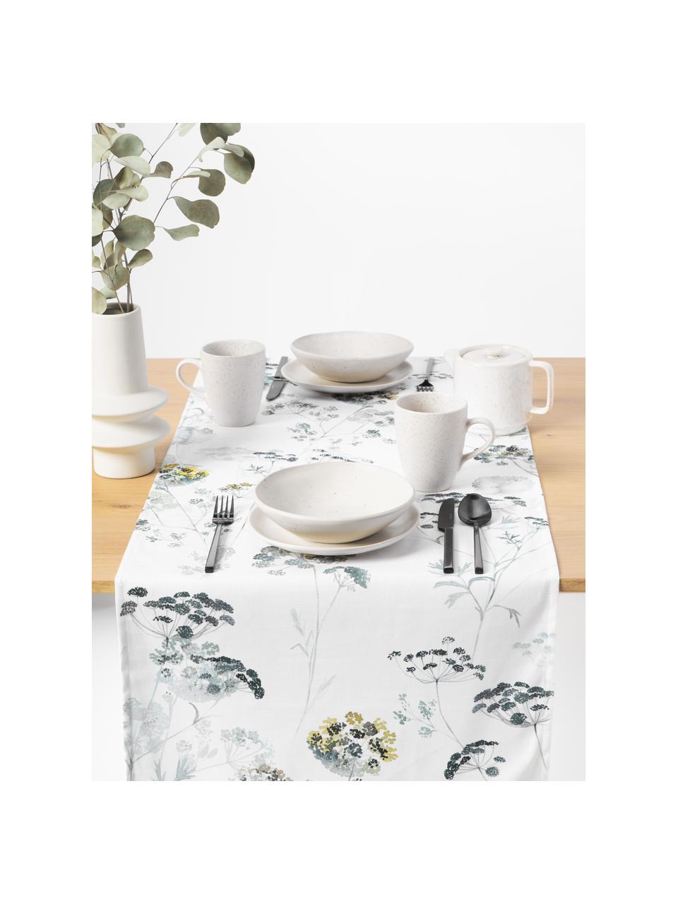 Chemin de table avec motif floral Aquarell Print, 100 % coton, Blanc, tons verts, larg. 50 x long. 160 cm