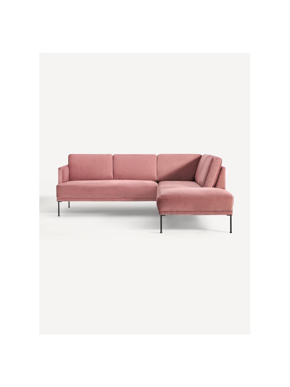 Divano angolare in velluto Fluente, Rivestimento: velluto (copertura in pol, Struttura: legno di pino massiccio, Piedini: metallo verniciato a polv, Velluto rosa antico, Larg. 221 x Prof. 200 cm, chaise longue a sinistra