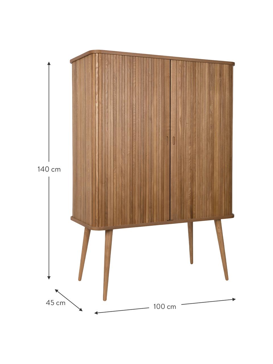 Highboard Barbier mit Schiebetür und geriffelter Front, Korpus: Mitteldichte Holzfaserpla, Einlegeböden: Hartglas, Eschenholz, B 100 x H 140 cm