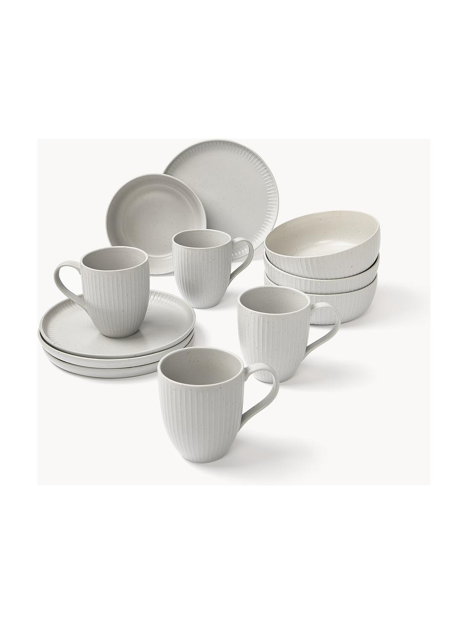 Gesprenkeltes Frühstücks-Set Rhea mit Relief, 12er-Set, Steingut, Hellgrau, 4 Personen (12-tlg.)