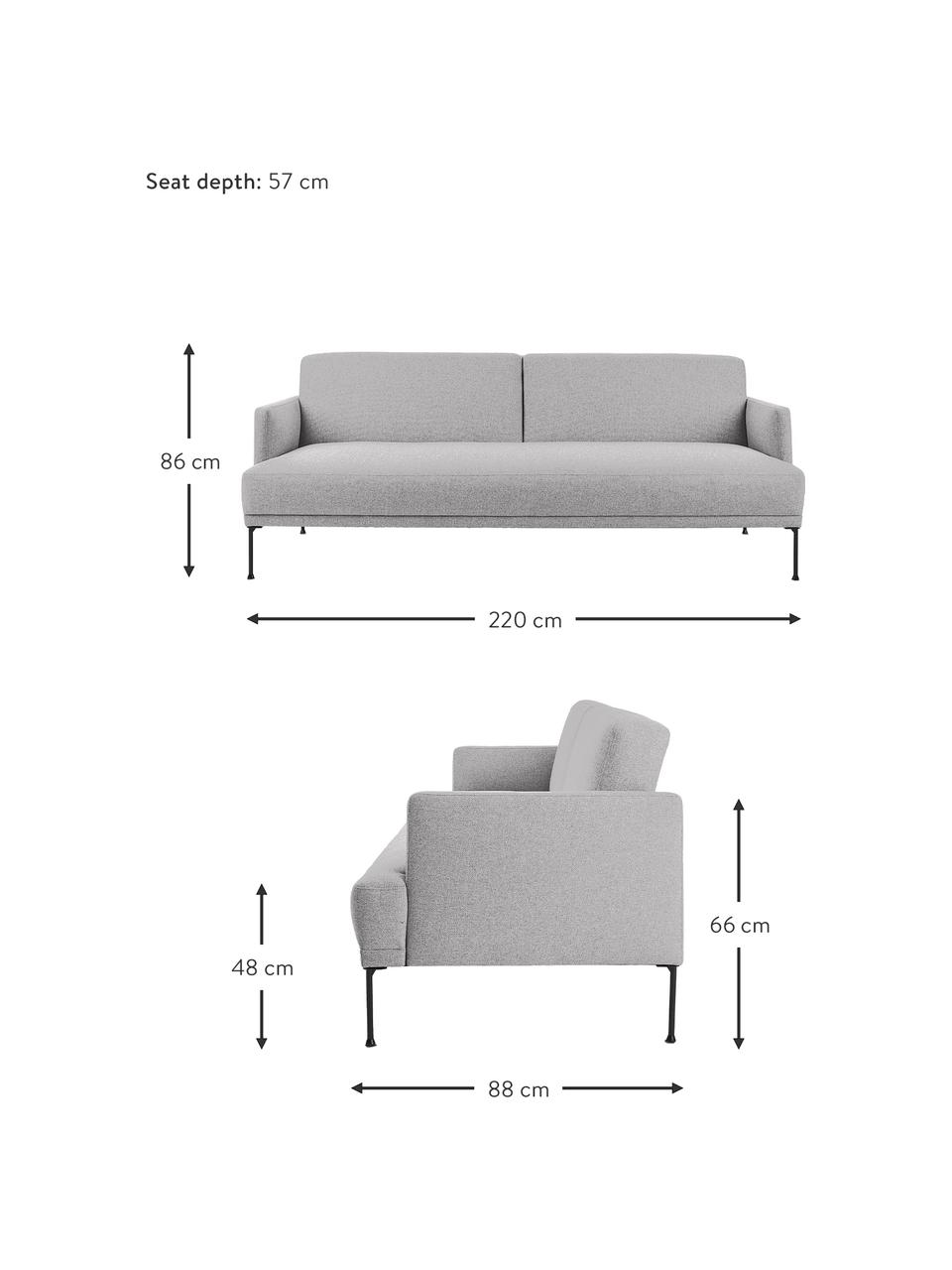 Divano letto 3 posti Fluente, Rivestimento: 80% poliestere, 20% Ramie, Struttura: legno di pino massiccio, , Piedini: metallo verniciato a polv, Tessuto grigio chiaro, Larg. 220 x Prof. 88 cm