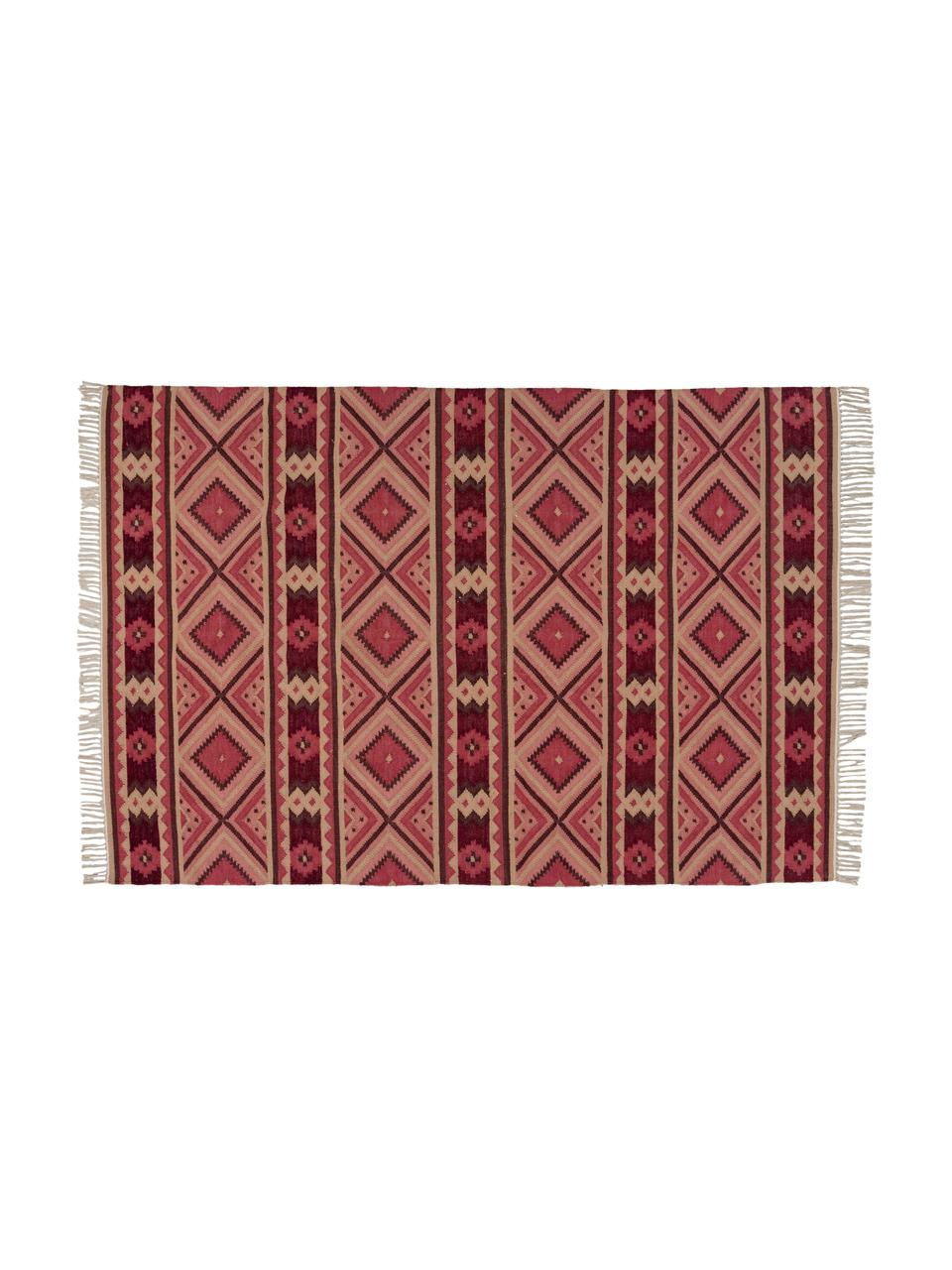 Tapis en laine rose vif style ethnique Gypsy, Couleur baie, crème