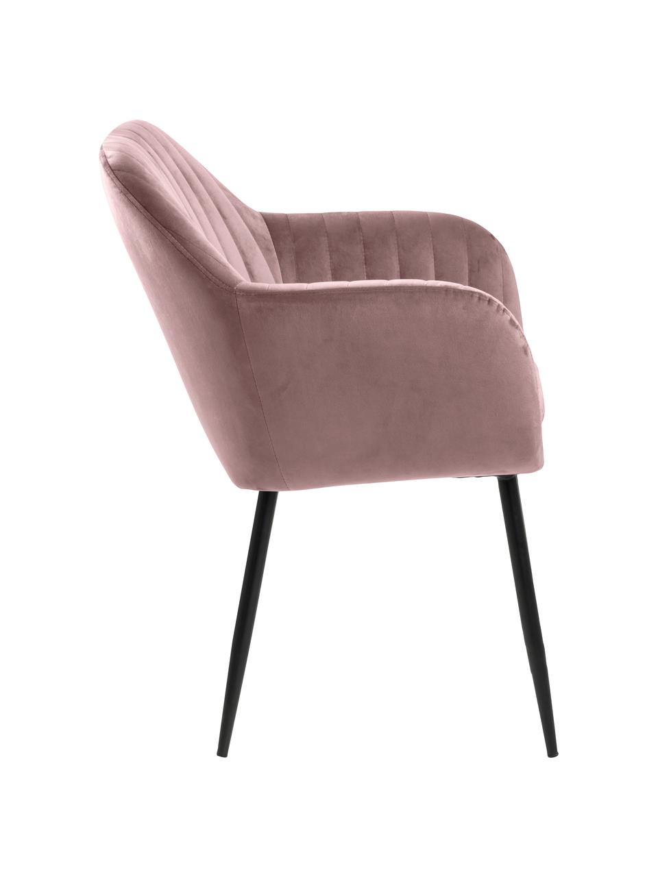 Silla de terciopelo con reposabrazos Emilia, Tapizado: terciopelo de poliéster 2, Patas: metal pintado, Terciopelo rosa, patas negro, An 57 x F 59 cm