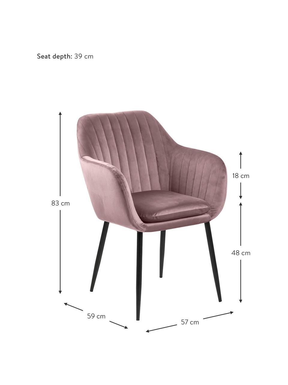 Sedia con braccioli in velluto e gambe in metallo Emilia, Rivestimento: velluto di poliestere Il , Gambe: metallo laccato, Velluto rosa, nero, Larg. 57 x Prof. 59 cm