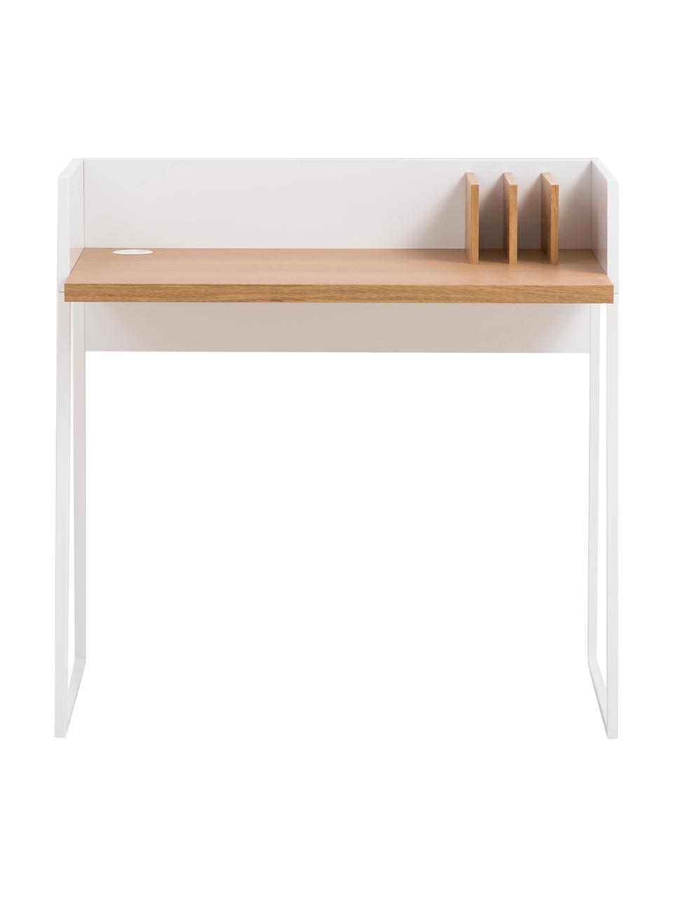 Biurko z przedziałami Camille, Korpus: płyta pilśniowa (MDF) lak, Nogi: metal lakierowany, Drewno naturalne, biały lakierowany, S 90 x G 60 cm
