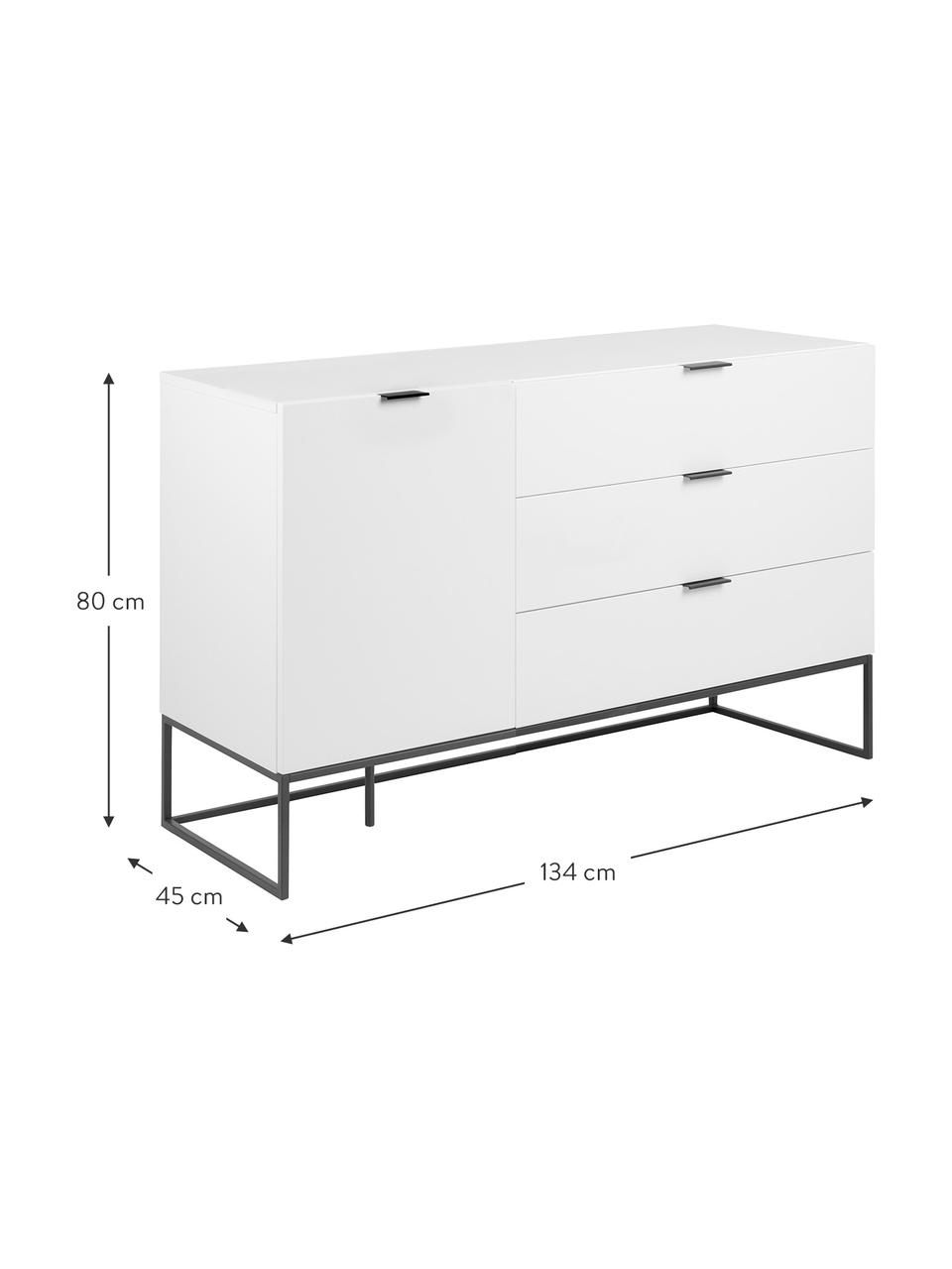 Dressoir Kobe met lades in wit, Wit, zwart, 134 x 80 cm