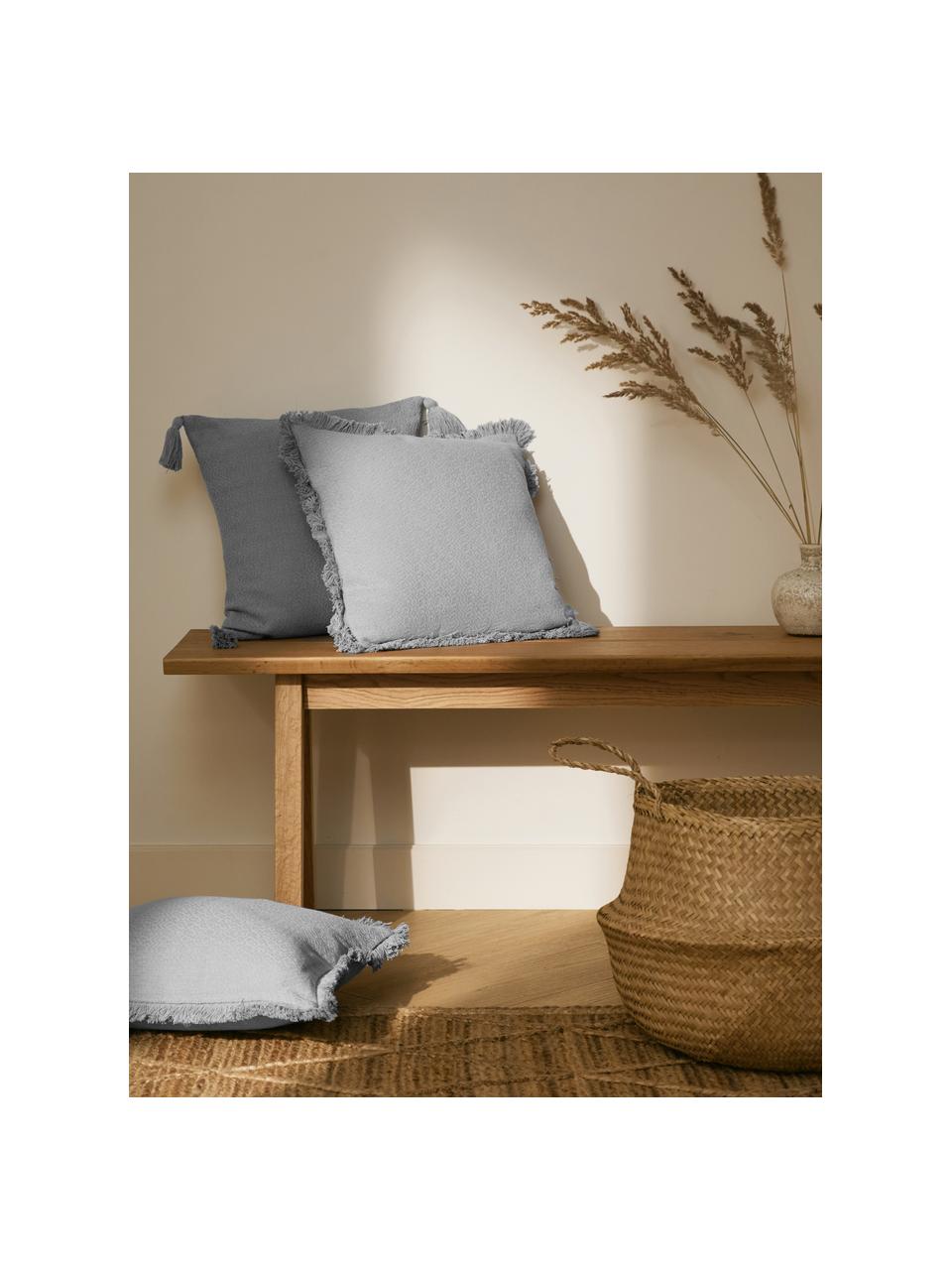 Kussenhoes Lorel in lichtgrijs met decoratieve franjes, 100% katoen, Grijs, B 40 x L 40 cm