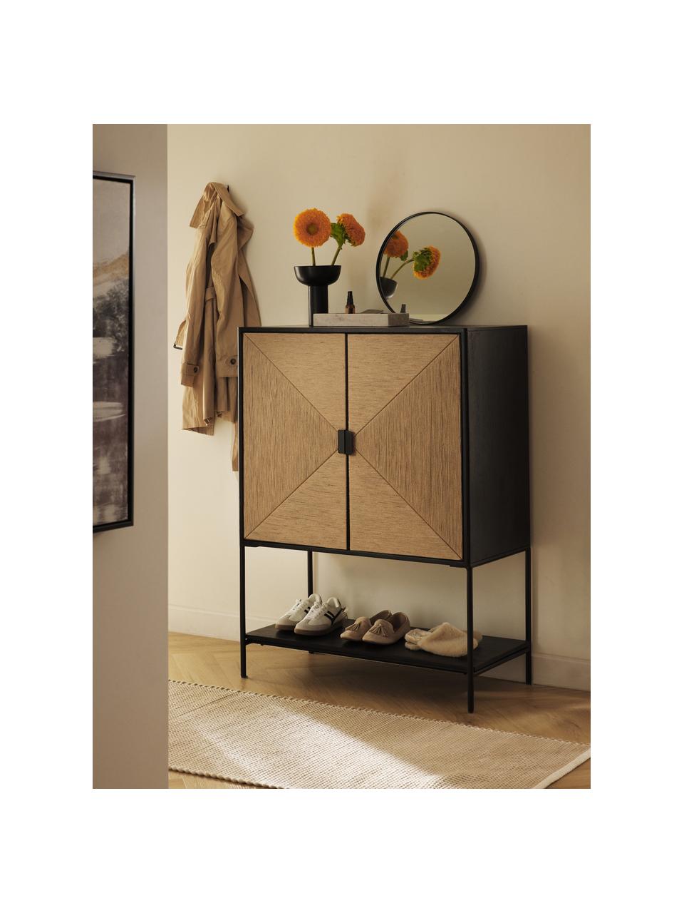 Dressoir June met deuren van massief mangohout, Poten: gepoedercoat metaal, Mangohout, zwart gelakt, beige, B 90 x H 120 cm