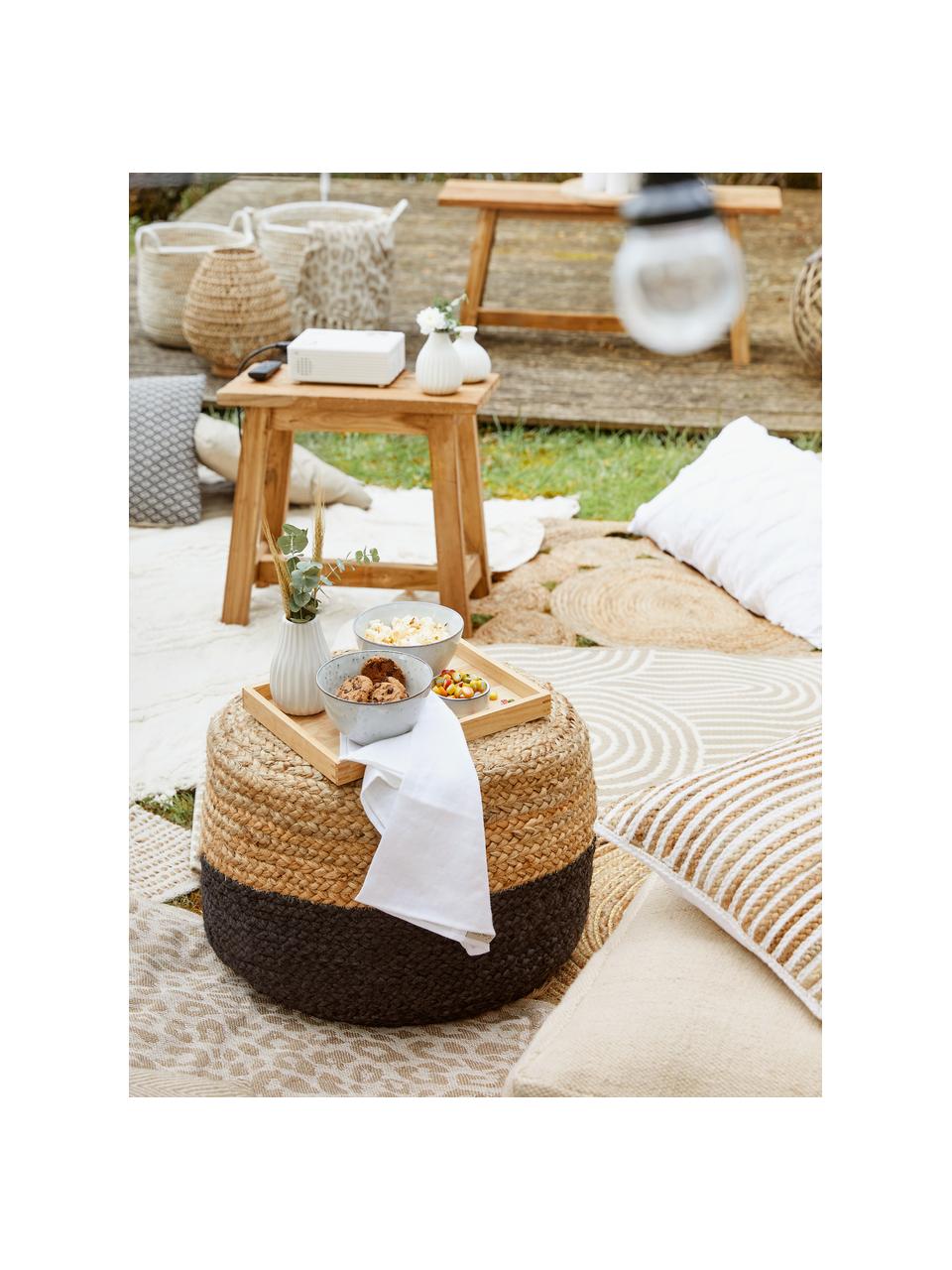 Pouf en jute artisanal Bono, Brun, noir, Ø 50 x haut. 36 cm