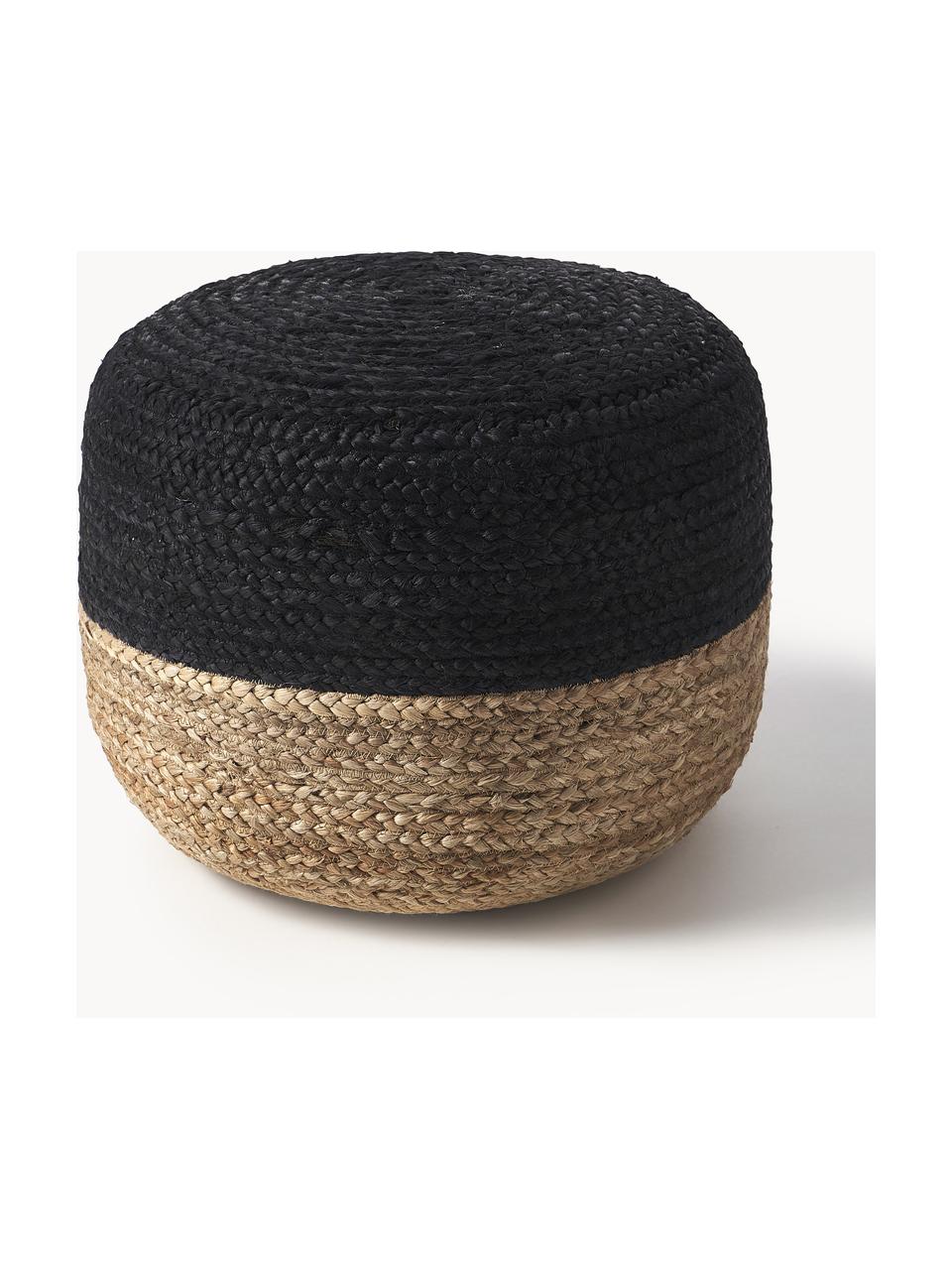 Pouf en jute artisanal Bono, Noir, beige, Ø 50 x haut. 36 cm