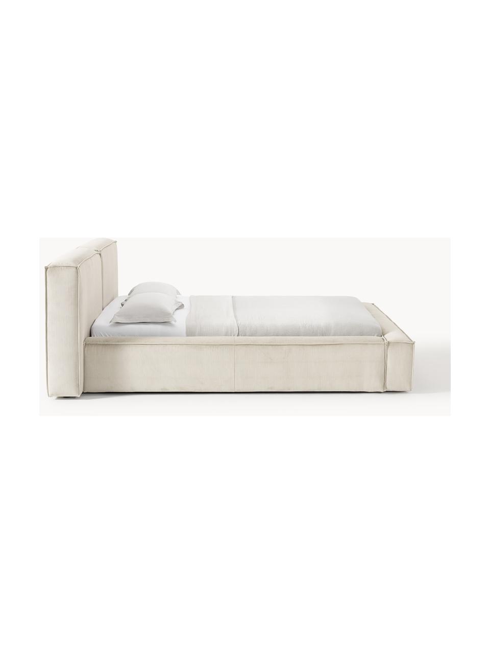 Cama tapizada en pana Lennon, con espacio de almacenamiento, Tapizado: pana (98% poliéster, 2% p, Estructura: madera de pino maciza, ma, Patas: madera, plástico Este pro, Pana beige claro, An 208 x L 243 cm (colchón 140 x 200 cm)