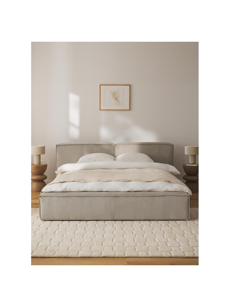 Čalouněná postel z manšestru s úložným prostorem Lennon, Světle béžová, Š 208 cm, D 243 cm (plocha k ležení 140 cm x 200 cm)