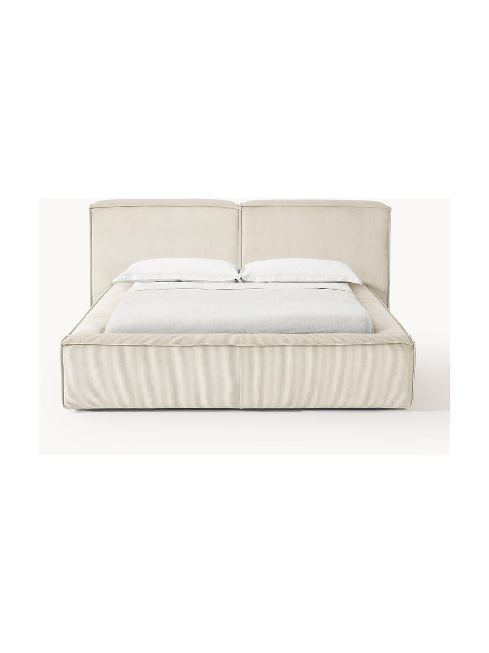 Cama tapizada en pana Lennon, con espacio de almacenamiento, Tapizado: pana (98% poliéster, 2% p, Estructura: madera de pino maciza, ma, Patas: madera, plástico Este pro, Pana beige claro, An 208 x L 243 cm (colchón 140 x 200 cm)