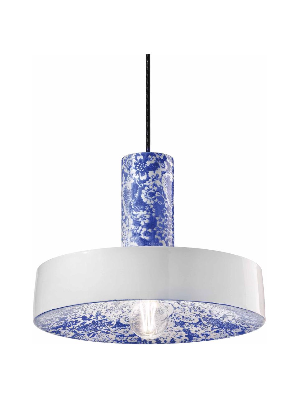 Lámpara de techo de cerámica Pi, Pantalla: cerámica, Anclaje: cerámica, Cable: cubierto en tela, Azul, blanco, Ø 35 x Al 26 cm