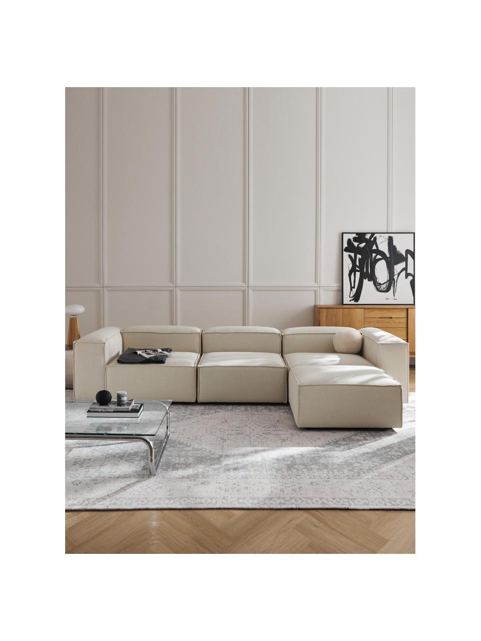 Canapé d'angle modulable 4 places avec pouf Lennon, Tissu blanc cassé, larg. 329 x prof. 207 cm