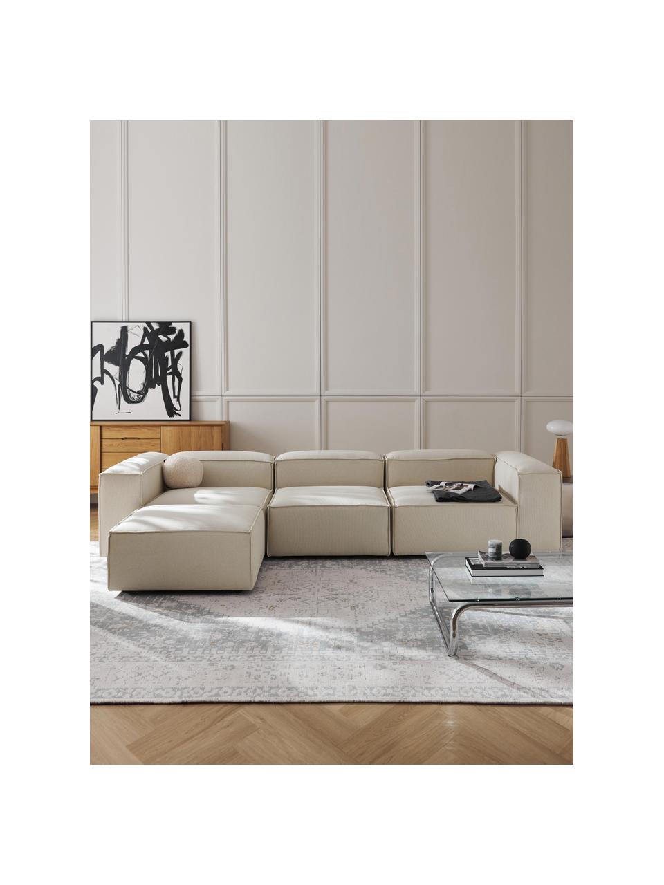 Modulares Sofa Lennon (4-Sitzer) mit Hocker (links/rechts), Bezug: 100 % Polyester Der strap, Gestell: Massives Kiefernholz, Spe, Füße: Kunststoff Dieses Produkt, Webstoff Off White, B 329 x T 207 cm