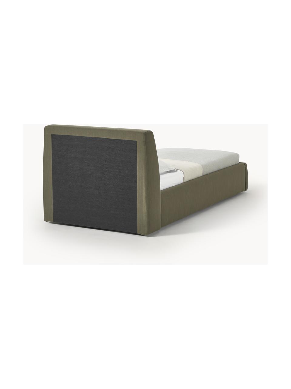 Einzelbett Cloud mit Stauraum, Bezug: Fein strukturierter Webst, Korpus: Massives Kiefernholz und , Webstoff Dunkelgrün, B 90 x L 200 cm