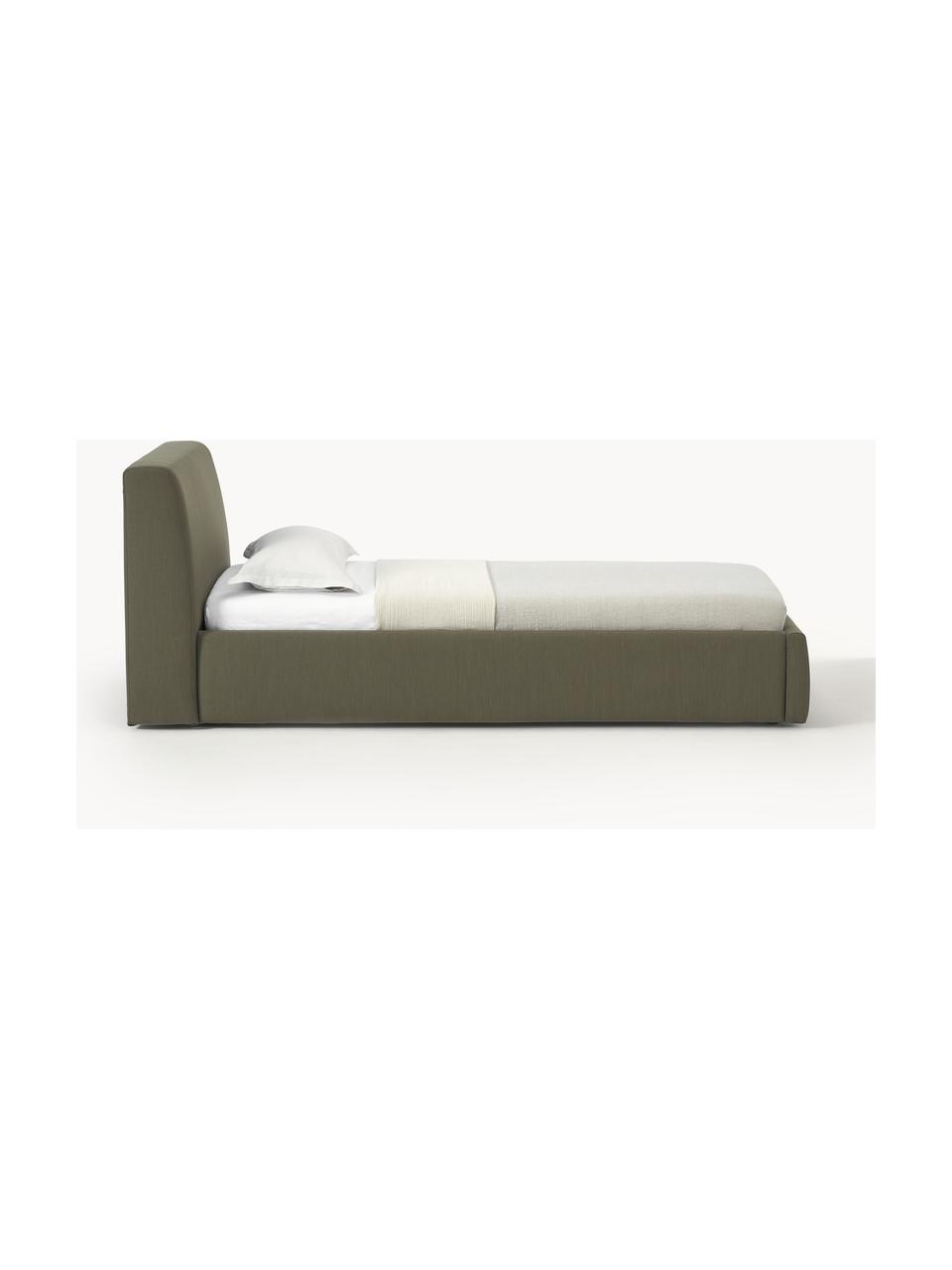 Letto singolo con contenitore Cloud, Rivestimento: tessuto finemente struttu, Piedini: legno laccato Il material, Tessuto verde oliva, Larg. 90 x Lung. 200 cm