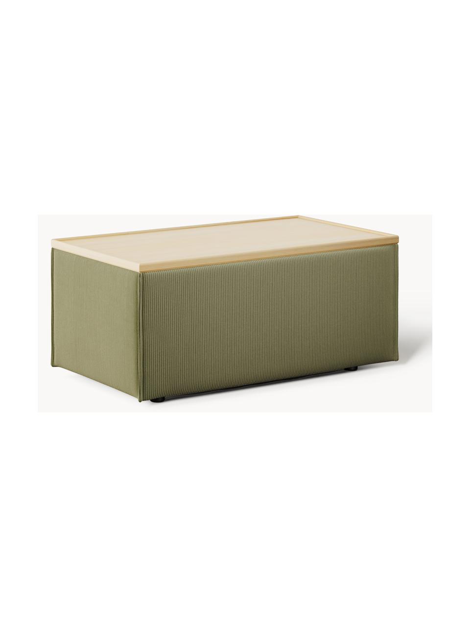 Sofa-Hocker Lennon aus Cord mit Stauraum, Bezug: Cord (92 % Polyester, 8 %, Tablett: Eichenholz, Spannplatte m, Gestell: Spanplatte, mitteldichte , Cord Olivgrün, helles Eichenholz, B 88 x T 50 cm