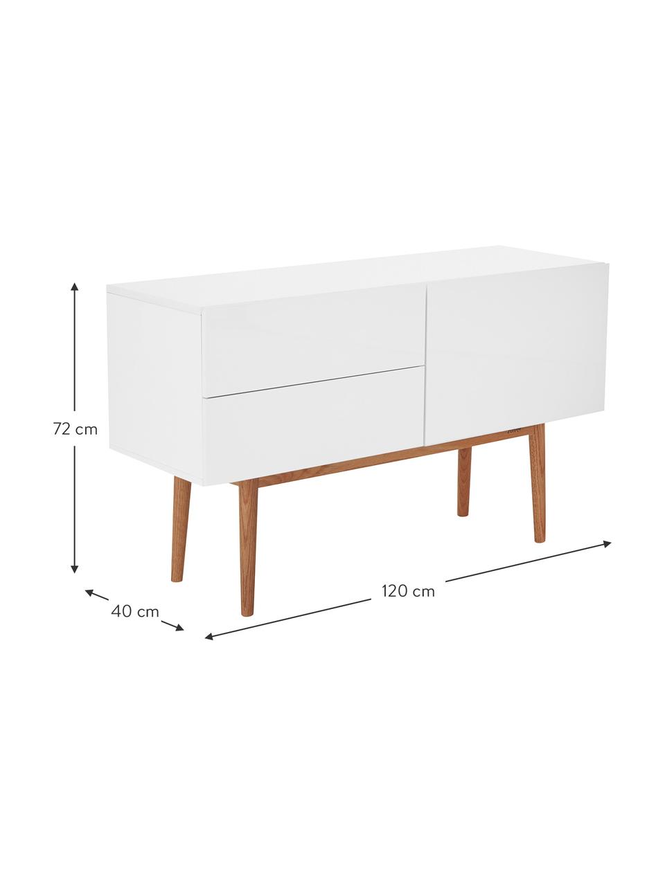 Credenza bianca lucida High on Wood, Piedini: legno di quercia massicci, Bianco, legno naturale, Larg. 120 x Alt. 72 cm