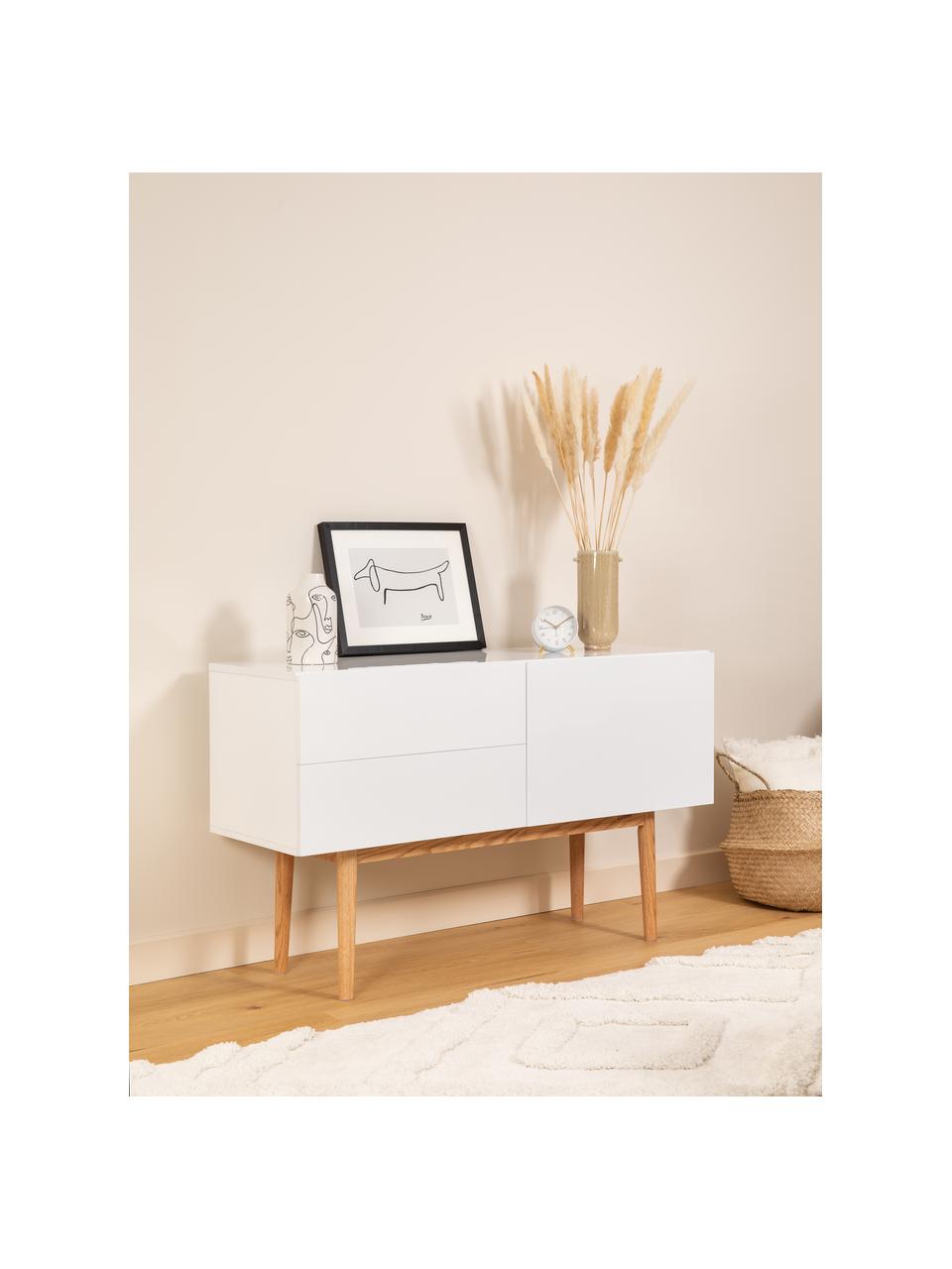 Credenza bianca lucida High on Wood, Piedini: legno di quercia massicci, Bianco, legno naturale, Larg. 120 x Alt. 72 cm