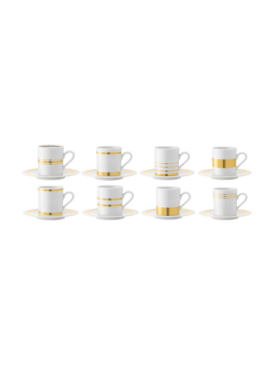 Komplet filiżanek do espresso ze spodkami Deco, 8 elem., Porcelana, Biały, odcienie złotego, Ø 7 x W 7 cm