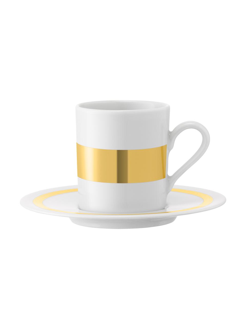 Komplet filiżanek do espresso ze spodkami Deco, 8 elem., Porcelana, Biały, odcienie złotego, Ø 7 x W 7 cm