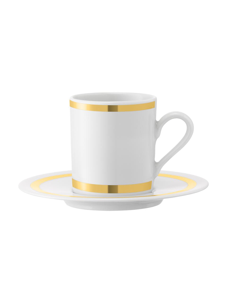 Espressokopjes met schoteltjes Deco met goudkleurig decoratie, 8 stuks, Porselein, Wit, goudkleurig, Ø 7 x H 7 cm
