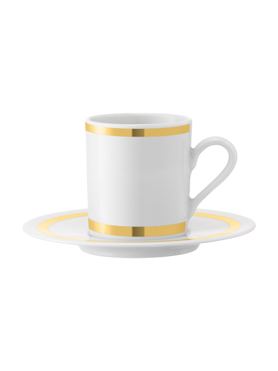 Tazas con platitos Deco, 8 uds., Porcelana, Blanco, dorado, Ø 7 x Al 7 cm