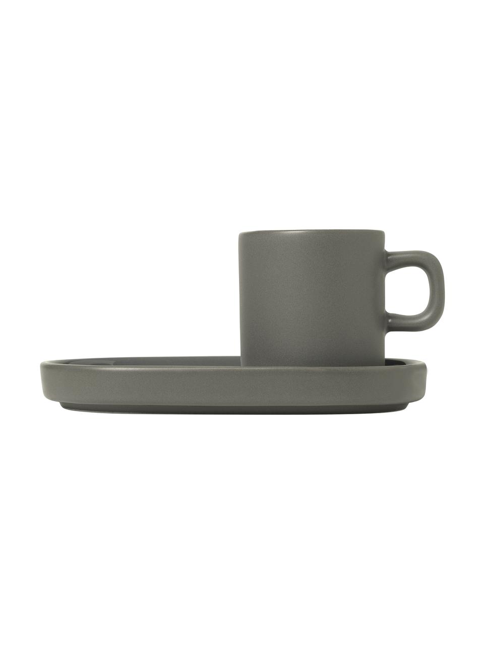 Espressotassen Pilar mit Untertassen in Dunkelgrau matt/glänzend, 2 Stück, Keramik, Dunkelgrau, Ø 5 x H 6 cm, 50 ml