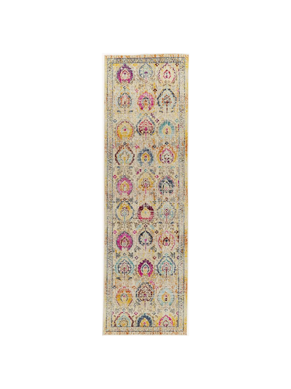 Niederflor-Läufer Kashan mit bunten Ornamenten, Flor: 100 % Polypropylen, Hellbeige, Bunt, B 71 x L 230 cm