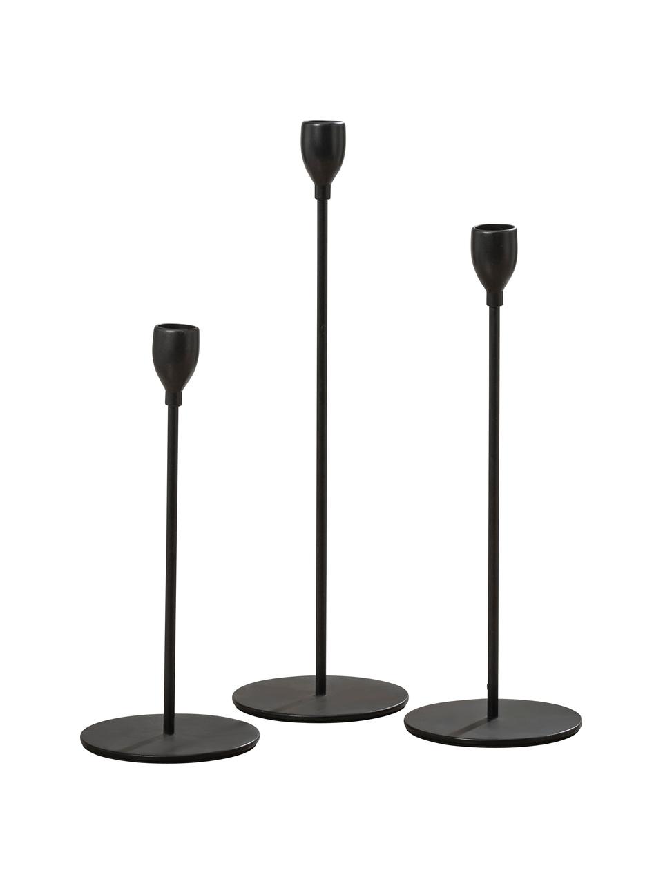 Set de candelabro Malte, 3 uds., Metal recubierto, Negro, Set de diferentes tamaños