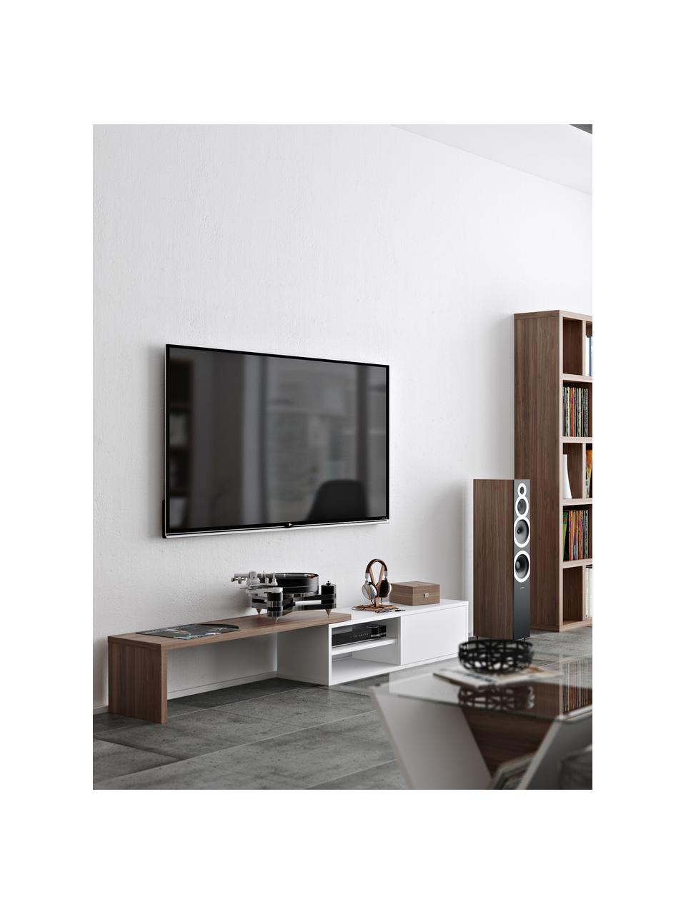 Mobile TV estraibile con anta scorrevole Lieke, Legno di noce, bianco, Larg. 110 a 203 x Alt. 32 cm