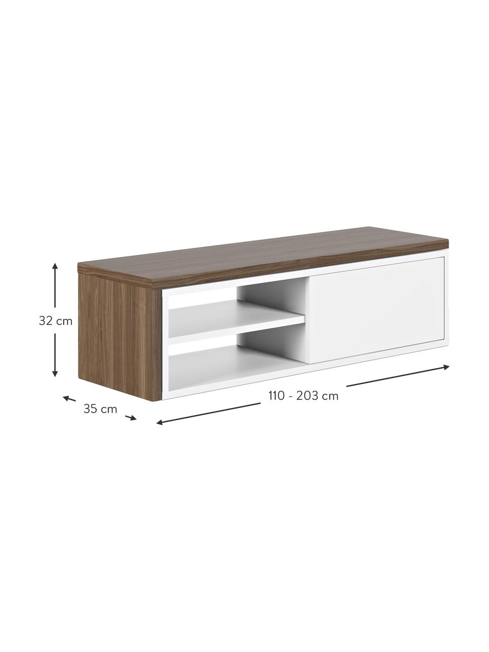 Ausziehbares TV-Lowboard Lieke mit Schiebetür, Auflageelement: Mitteldichte Holzfaserpla, Lowboard: Mitteldichte Holzfaserpla, Walnussholz, Weiss, B 110 bis 203 x H 32 cm